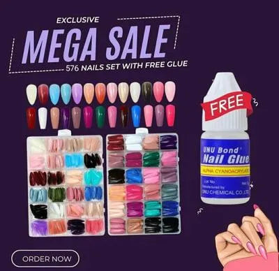 Pack Of 2 576 Pcs Artificial Nails With Free Nail Glue Made Of Abs Plastic In Multicolor
