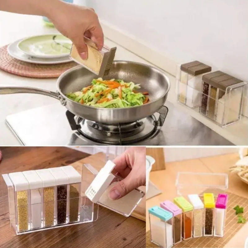 Spice Jars Dispenser Masala Rack | Crystal Seasoning Storage Set with Easy Flow | Set of 6
