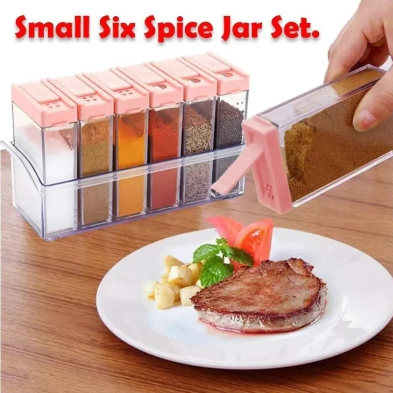 Spice Jars Dispenser Masala Rack | Crystal Seasoning Storage Set with Easy Flow | Set of 6