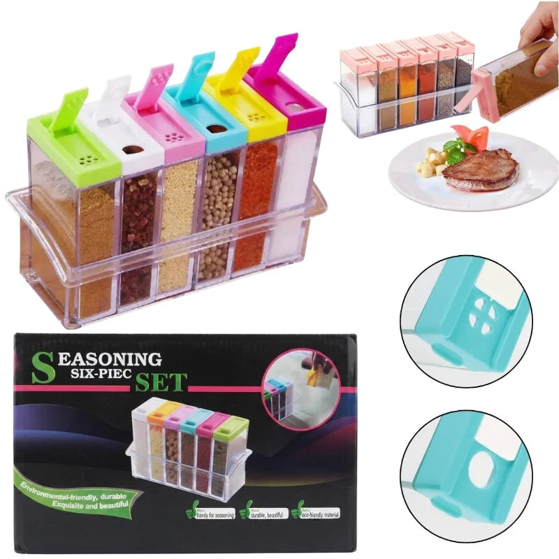 Spice Jars Dispenser Masala Rack | Crystal Seasoning Storage Set with Easy Flow | Set of 6