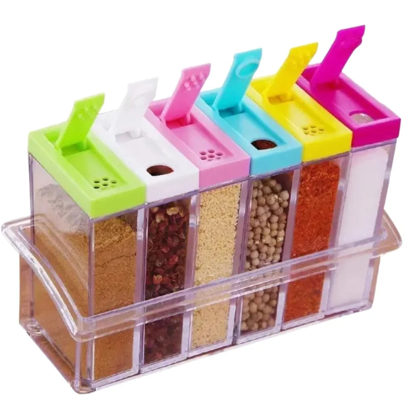 Spice Jars Dispenser Masala Rack | Crystal Seasoning Storage Set with Easy Flow | Set of 6